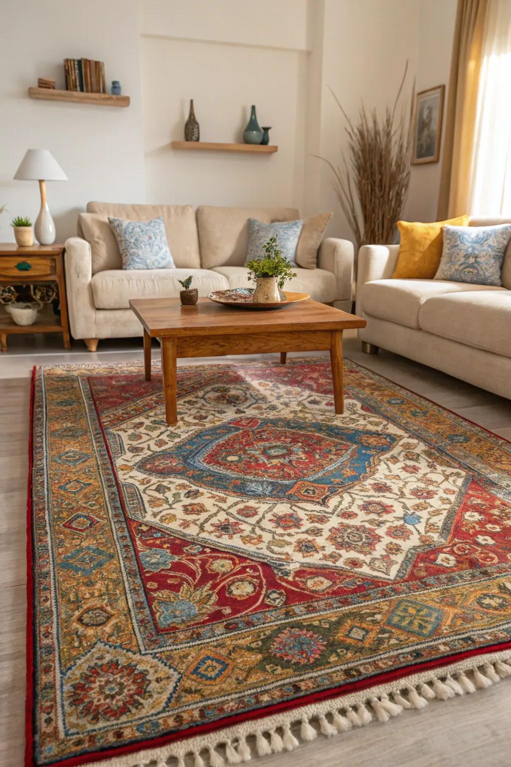 A striking floor covering infuses warmth and character into a simple living area.