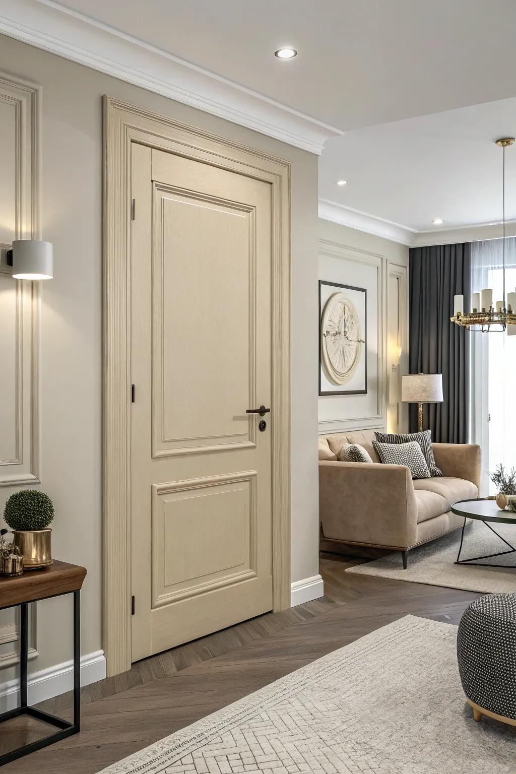 A door in a neutral hue radiating timeless elegance.