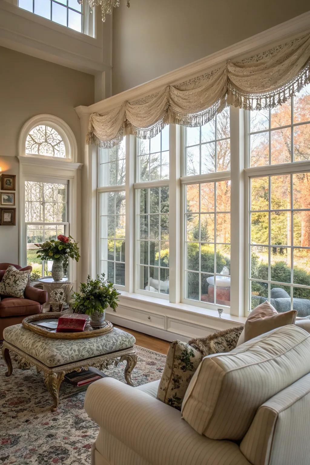 Expansive windows with sophisticated white trim brighten up a comfortable living space.