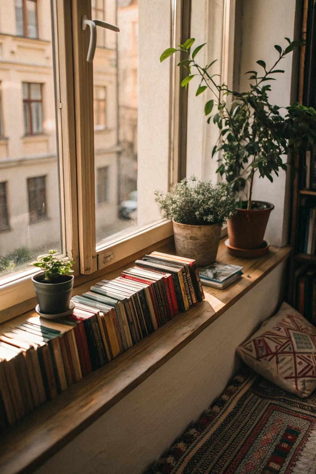 A window sill reimagined as a delightful bookshelf, showcasing both literary works and lush plants.