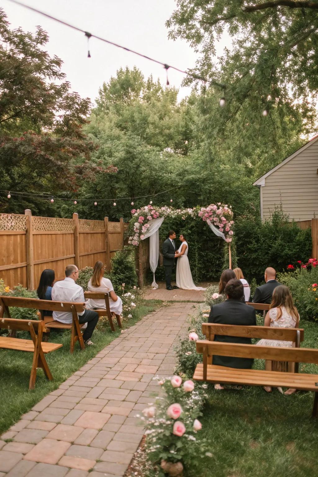 An enchanting seating arrangement featuring wooden benches for a warm wedding atmosphere.