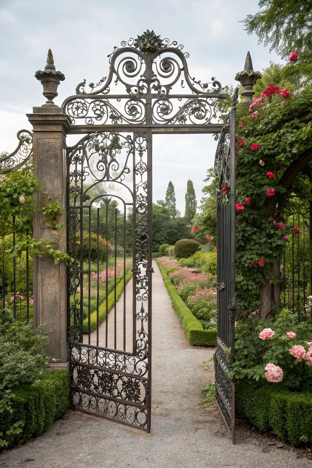 A lawn entry with an exquisitely detailed iron entryway.