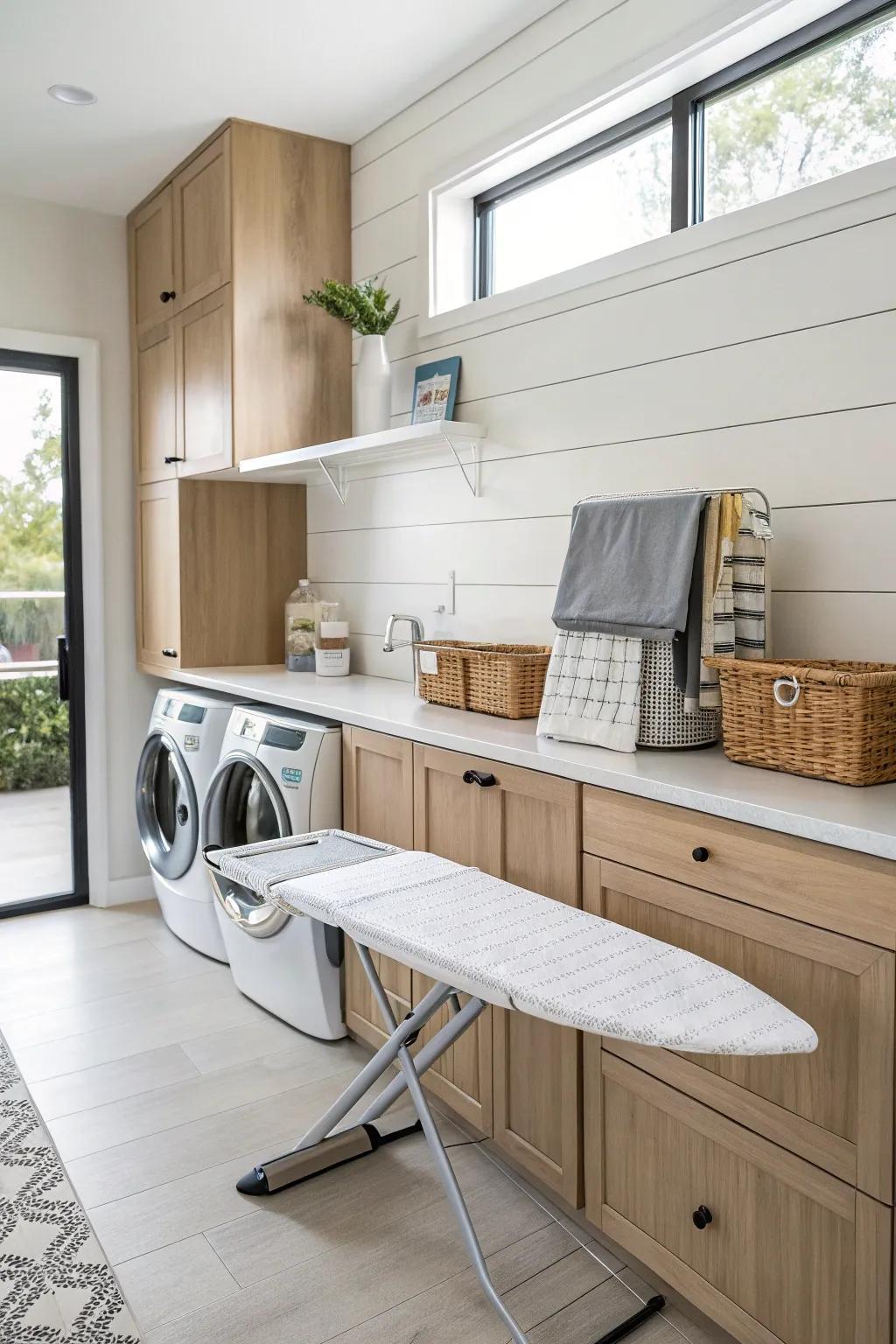 A lowerable wall-affixed ironing surface in a modern washroom.