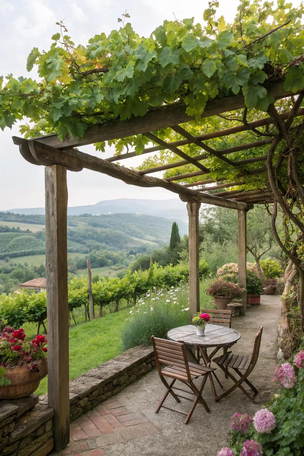 A pergola draped in climbing vines creates a tranquil, shaded retreat.
