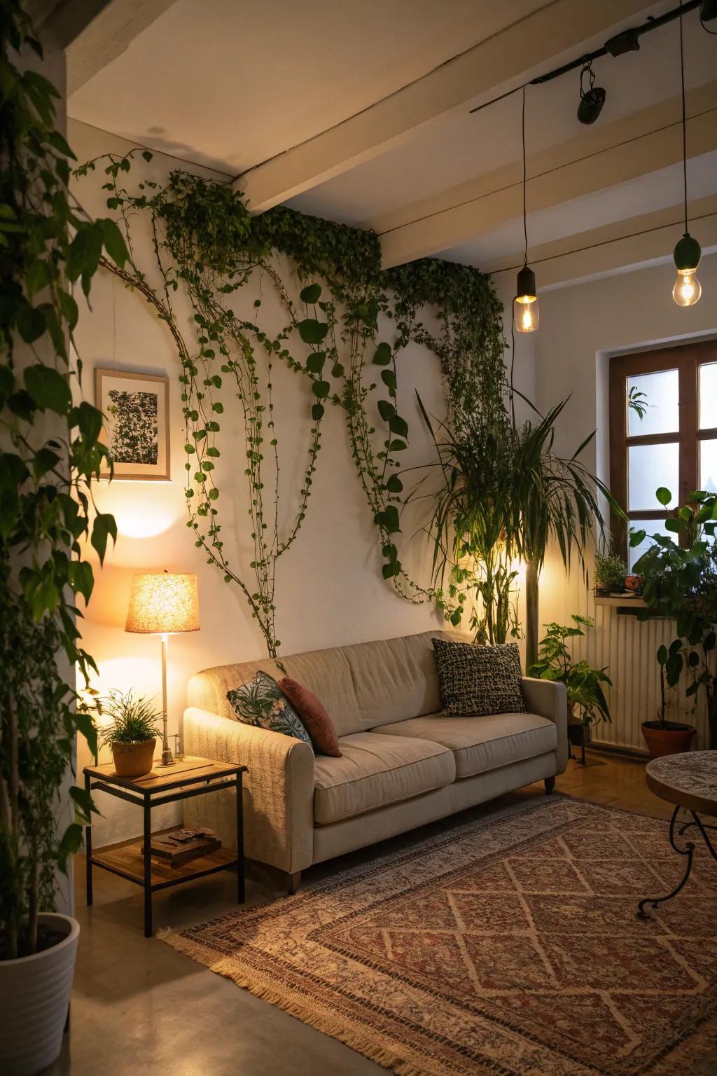 A living room is revitalized by a vibrant green wall, resulting in an environment of serene tranquility.