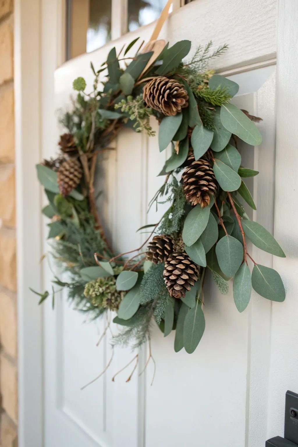 The pairing of pinecones and eucalyptus results in a tasteful and revitalizing seasonal garland.