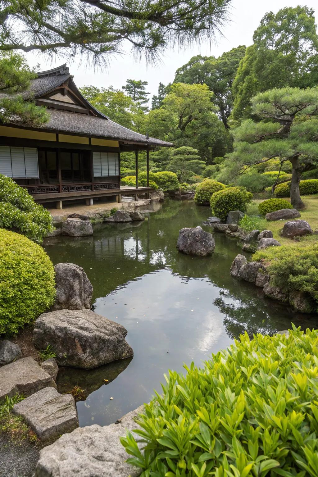 A Japanese garden featuring a small pond bordered by rocks.