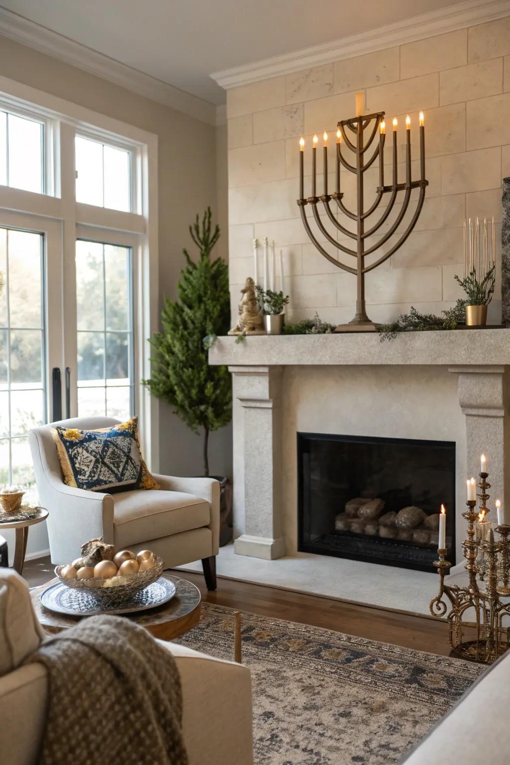 A contemporary menorah elegantly displayed on a living room mantel.