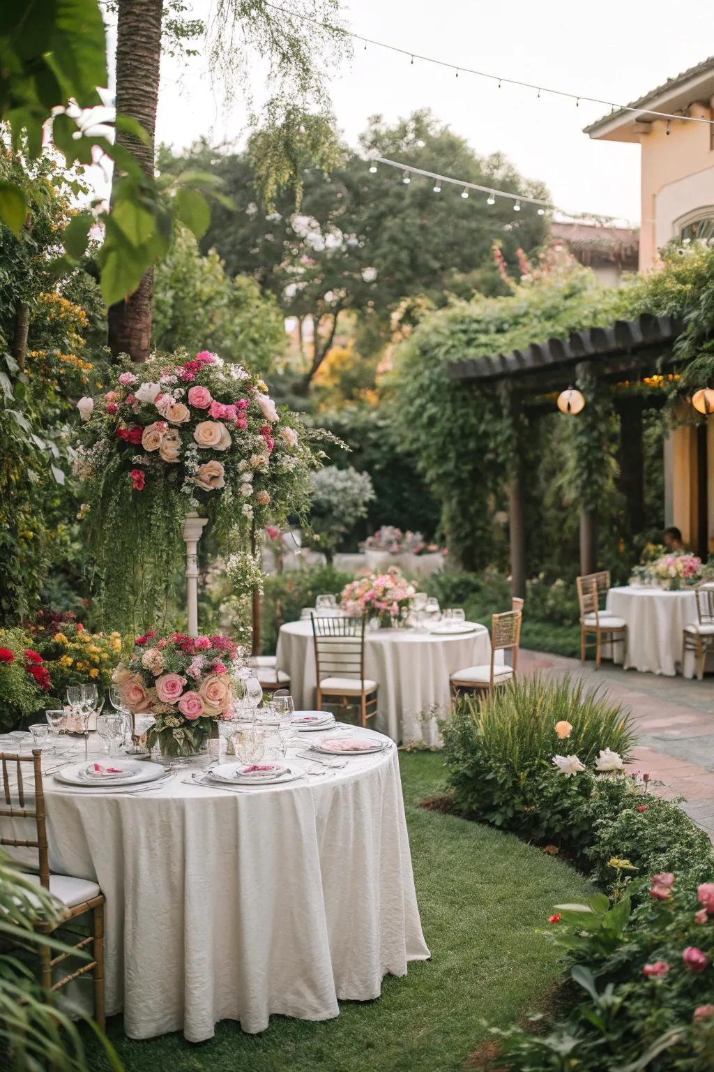 An exquisite garden party ambiance featuring stunning floral centerpieces and delicate china.