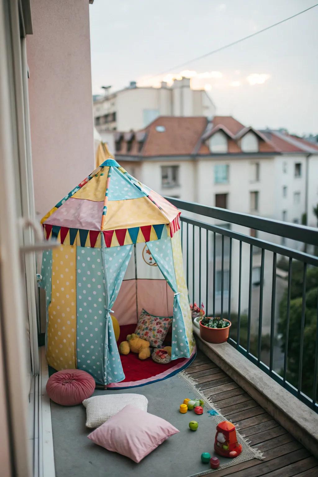 A colorful play tent makes a whimsical getaway for children on the balcony.
