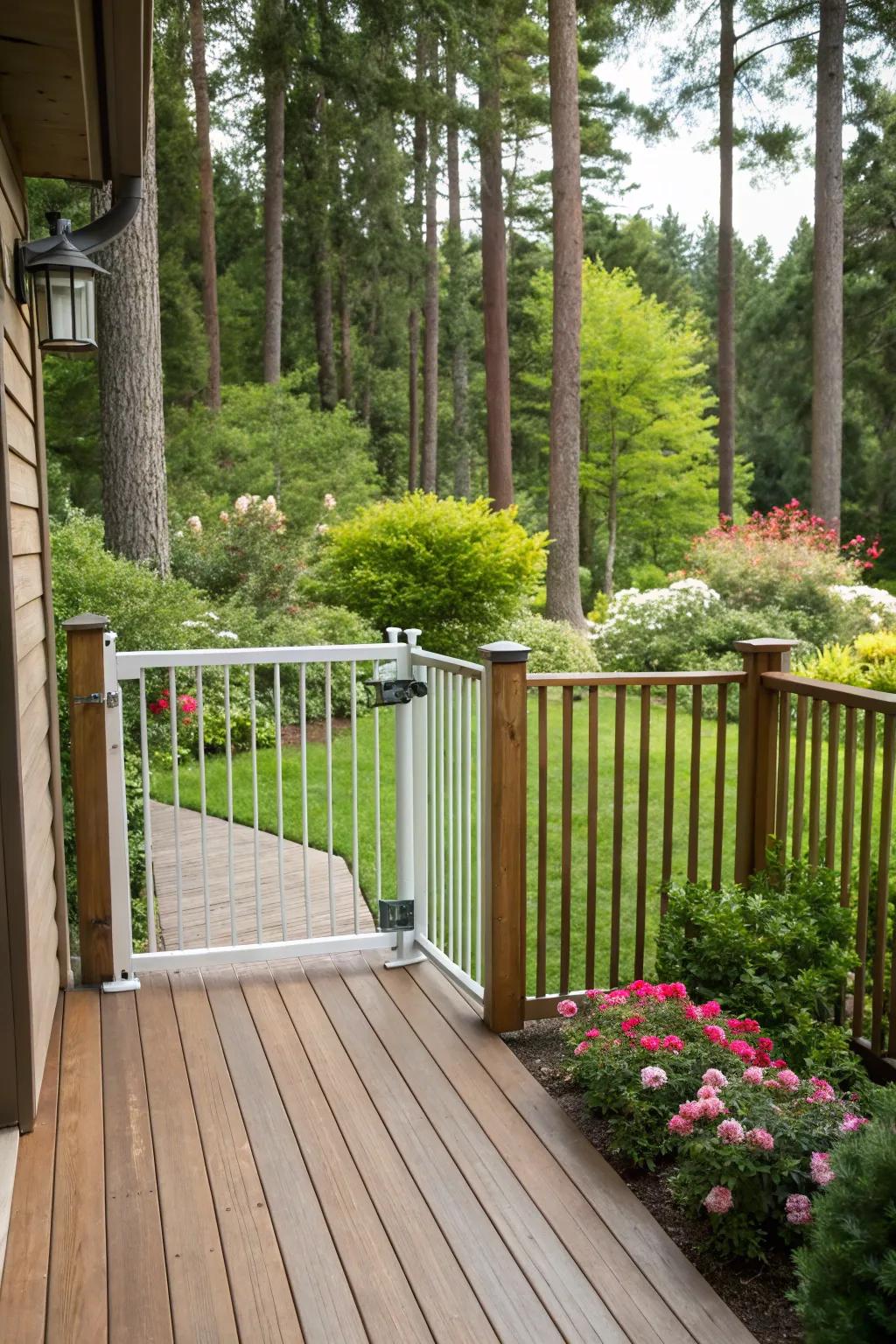 A timber deck featuring a secure child-proof gate, enveloped by vibrant foliage.