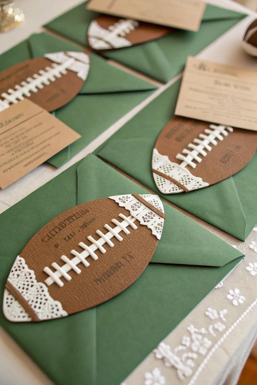 Customized football-shaped invitations, poised to assemble the squad.