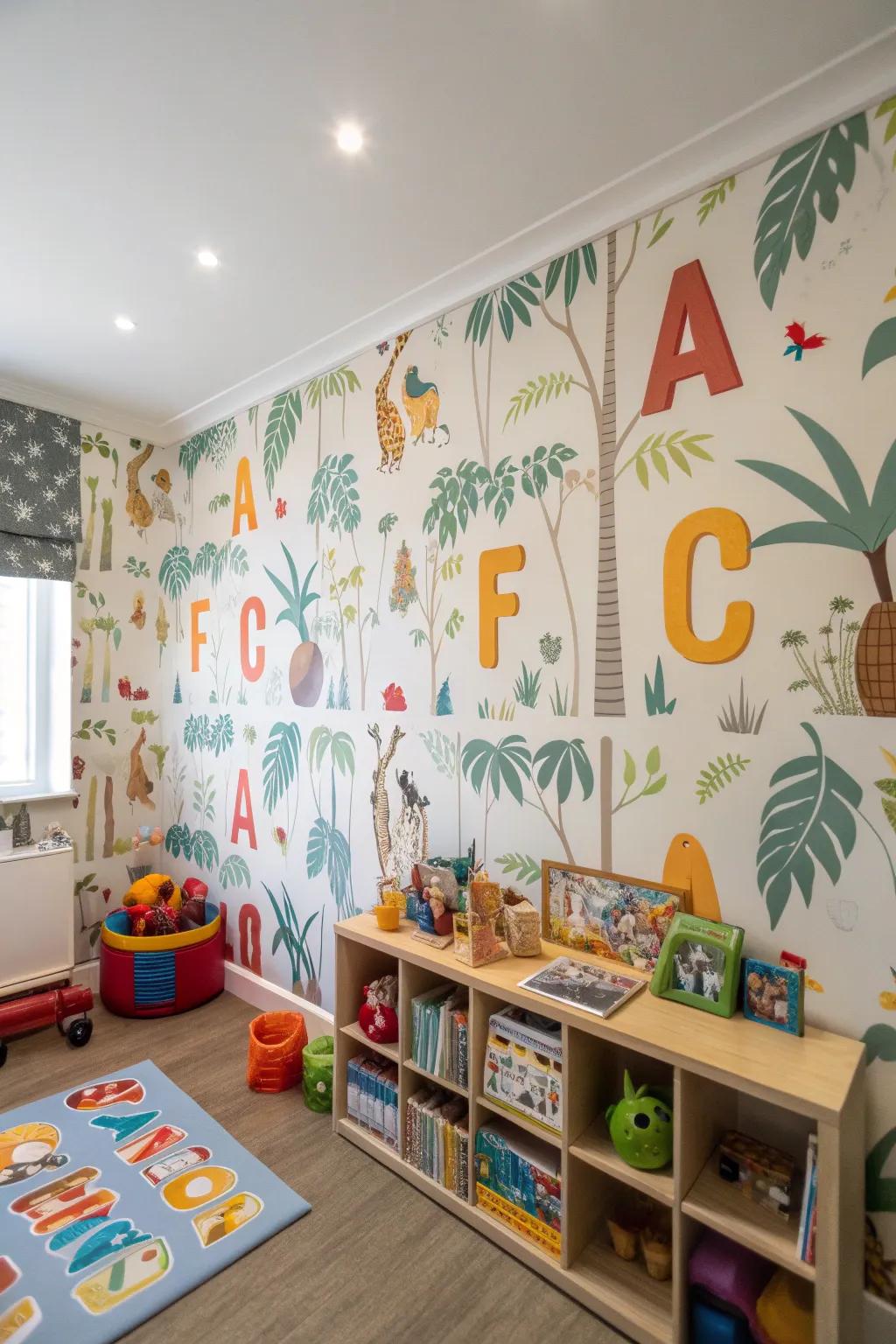 A playroom's wall showcases alphabet-themed wallpaper, merging learning and adventure seamlessly.