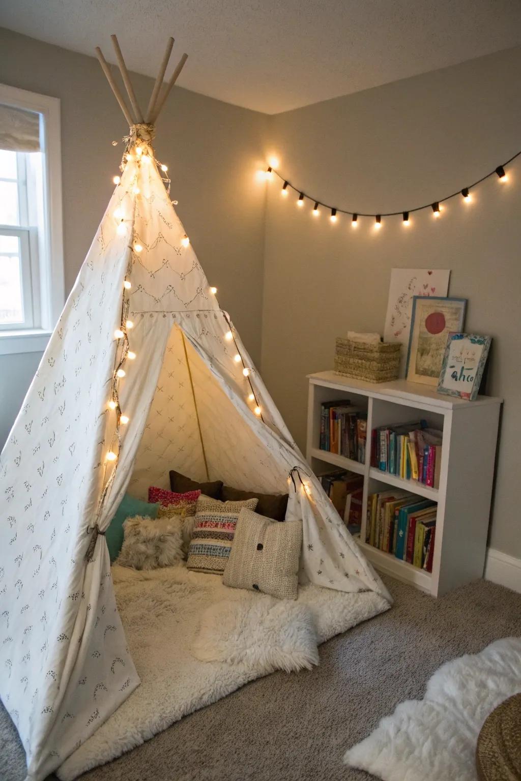 A playful teepee tent reading nook, perfect for little adventurers.