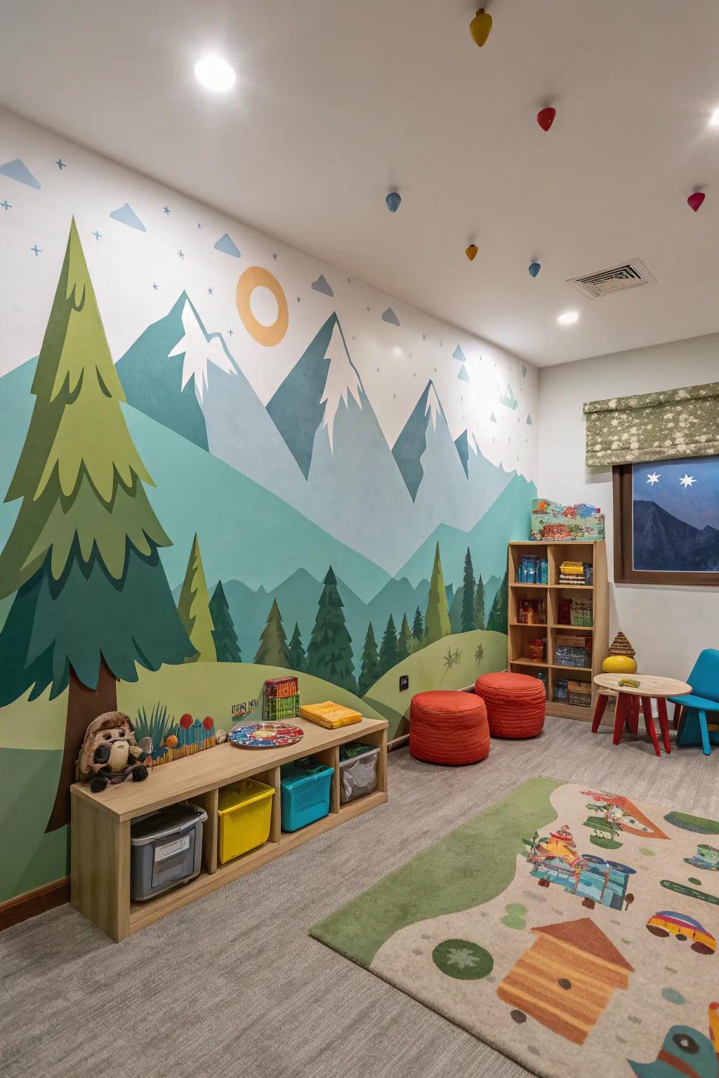 Mountain murals set a serene yet adventurous tone in children's bedrooms.