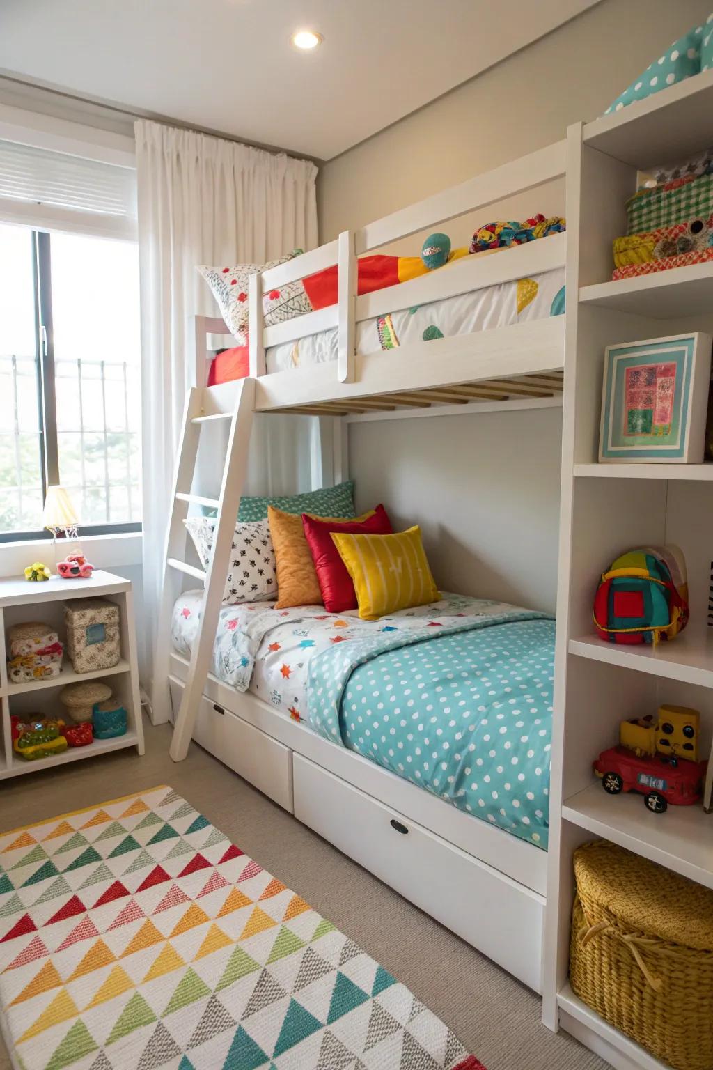 Tiered beds create space conducive to both play and relaxation.