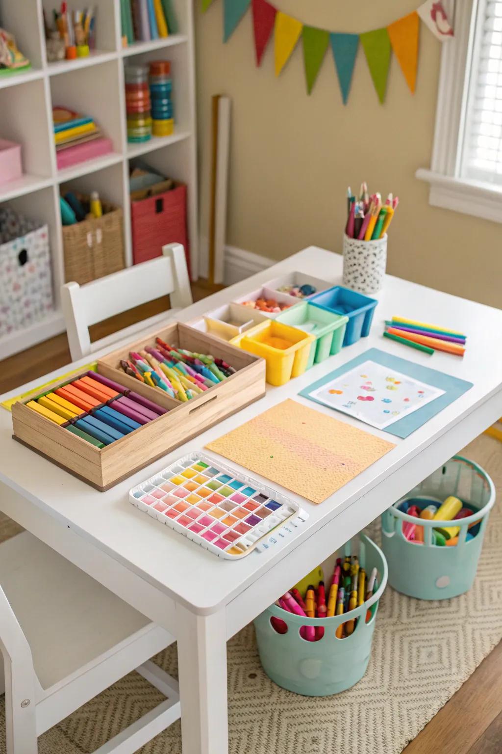 A DIY art table brimming with supplies, all set for imaginative play.