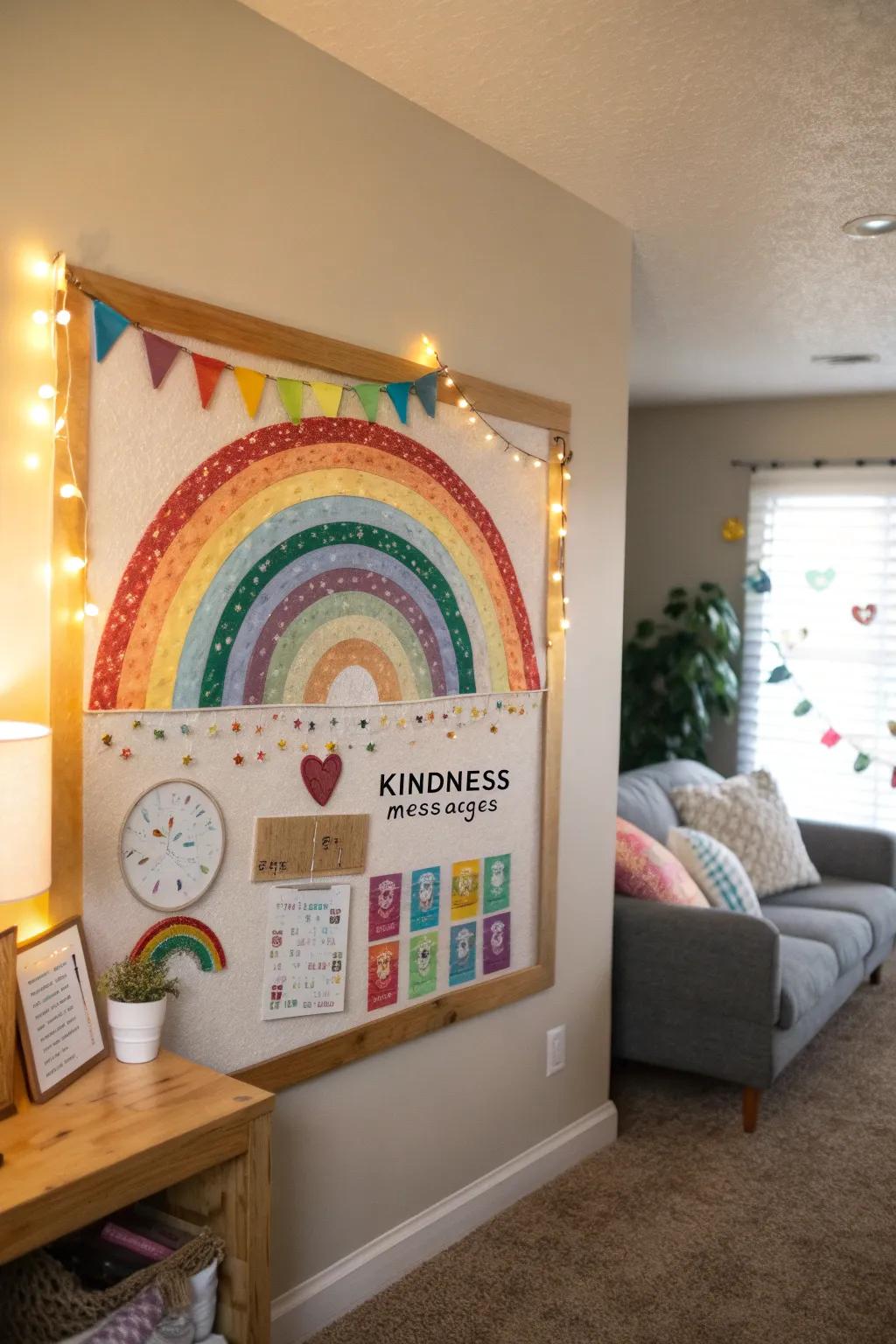 A cheerful rainbow-inspired kindness bulletin board in a living room, filled with happiness and good vibes.