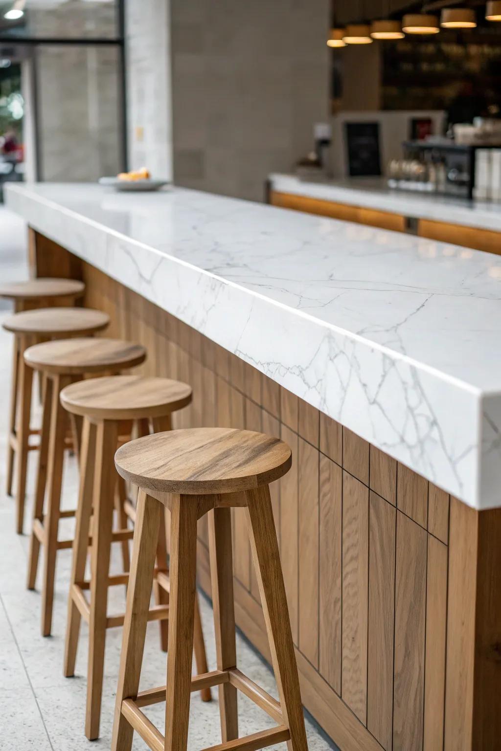 A minimalist kitchen bar featuring simple lines and a marble surface.