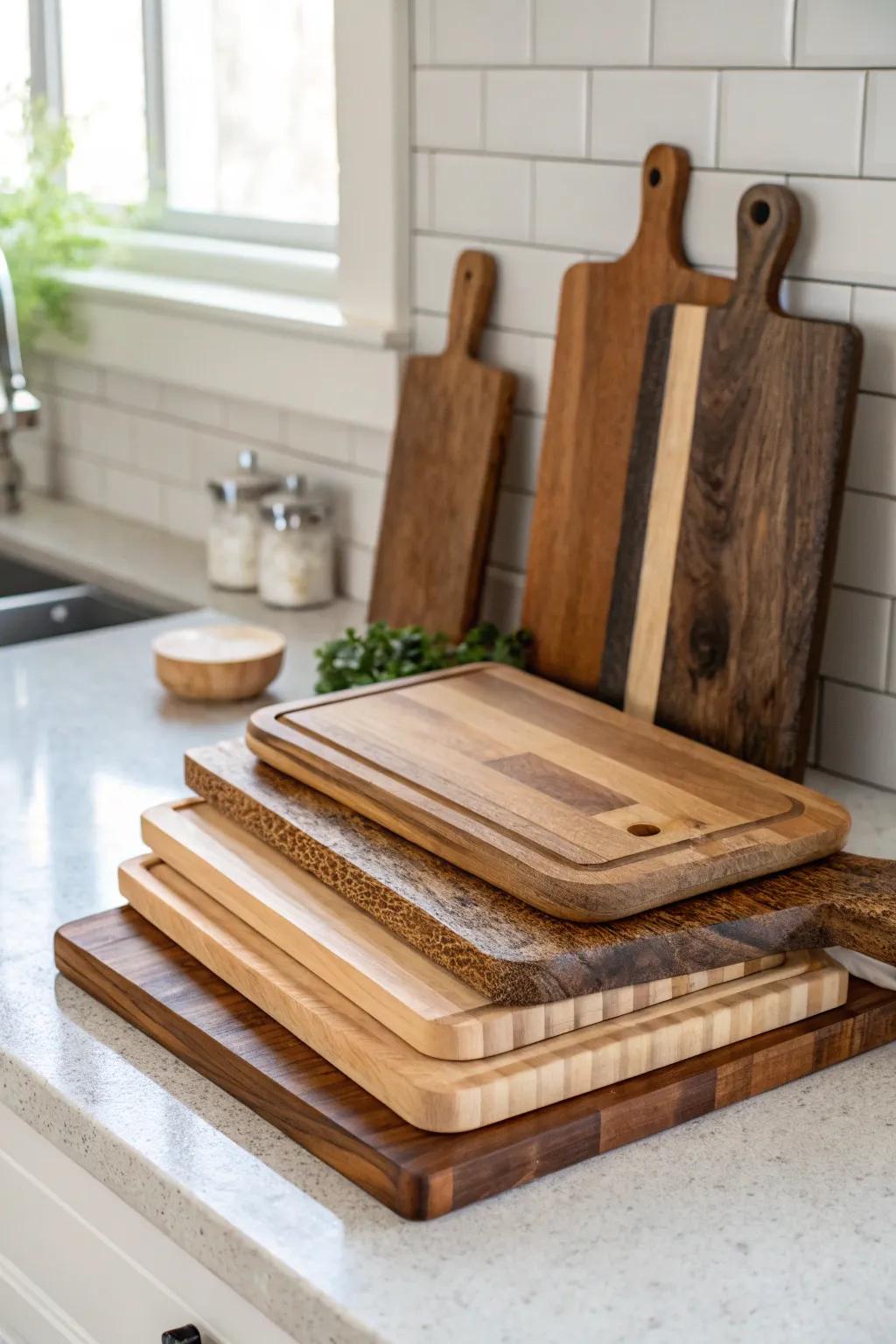 Arranged chopping surfaces against a bright backsplash introduces depth and visual allure.