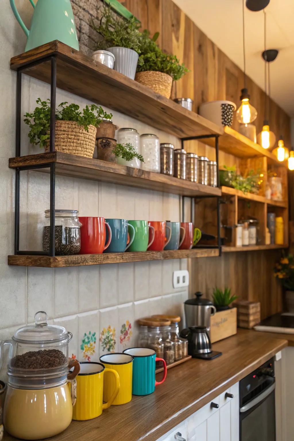 Exposed shelving enhances your coffee bar with both functionality and style.