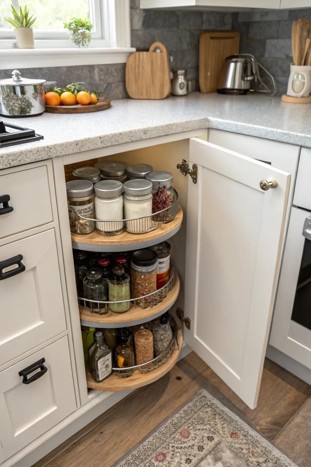 A rotating tray enhances both storage and accessibility in corner cabinets.