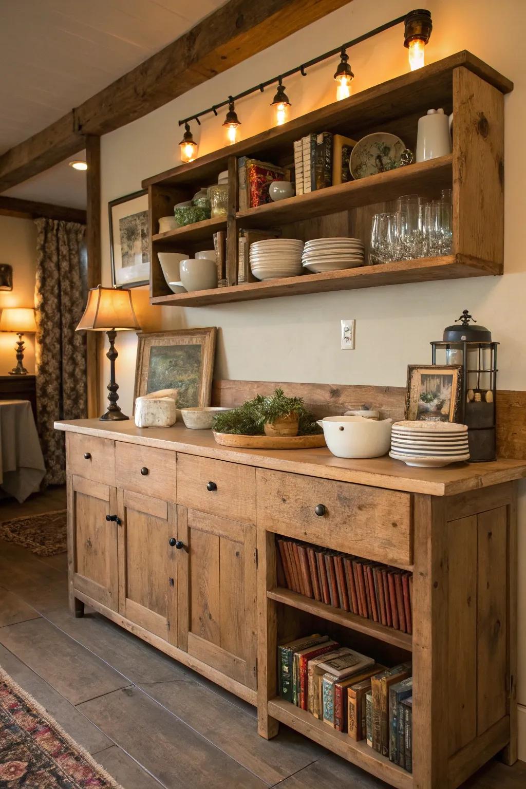 A recycled wood sideboard matched with open shelving adds a rustic feel to this kitchen.