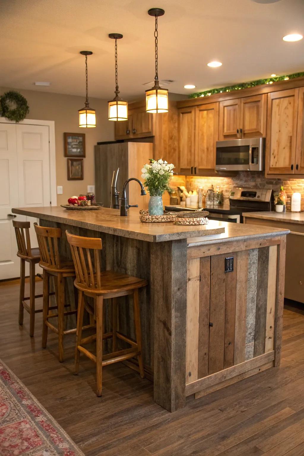 A culinary hub featuring a rear facade fashioned from repurposed planks, introducing rustic attraction and coziness.