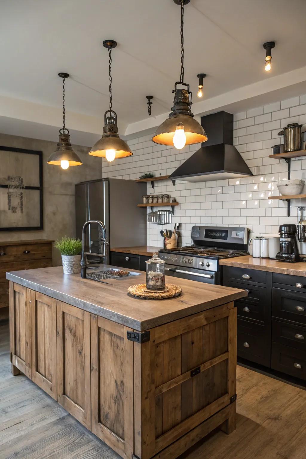 Rustic pendant lights infuse your kitchen island with a touch of the old factory days.