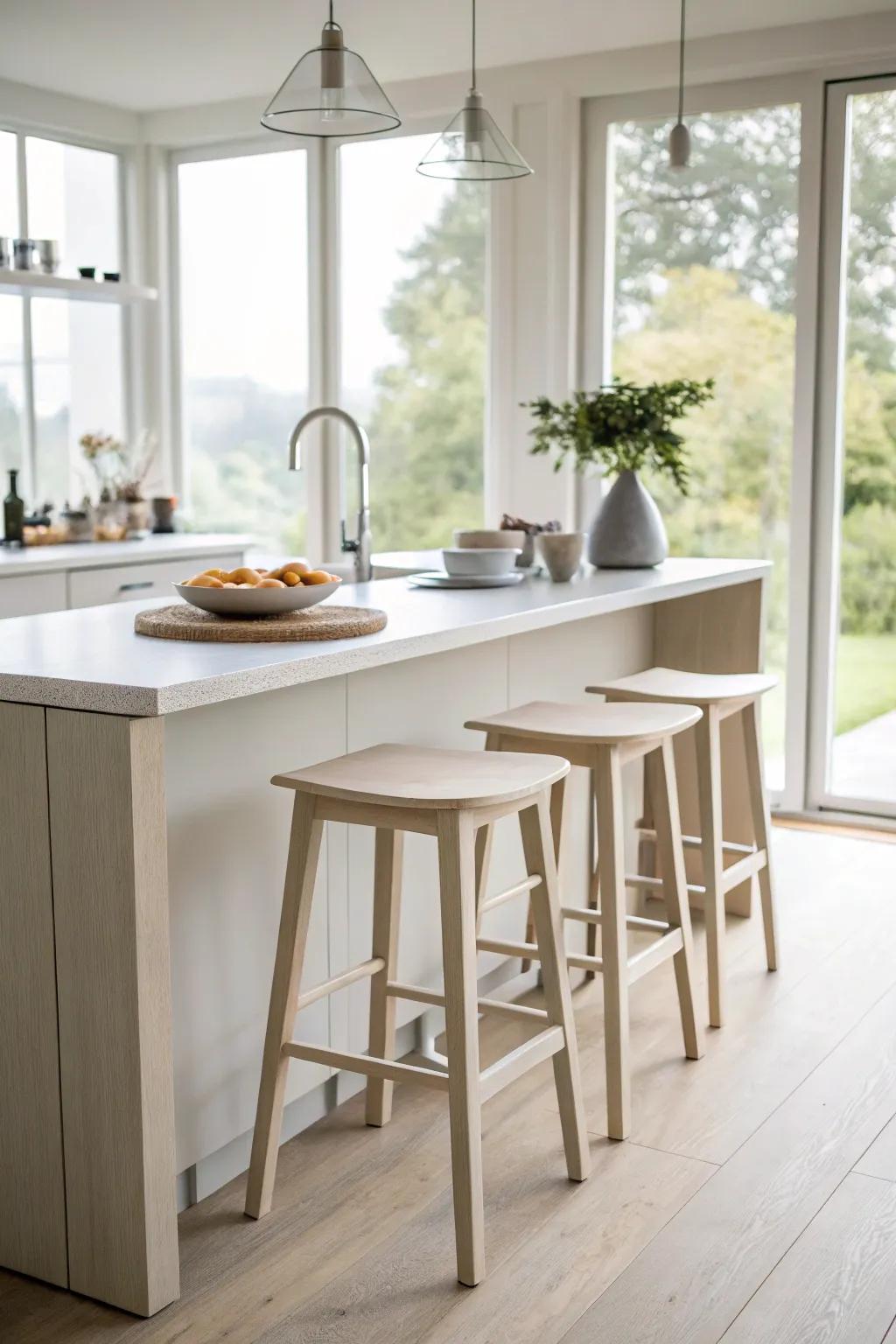 Backless stools exemplify a minimalist approach to seating around a kitchen island.
