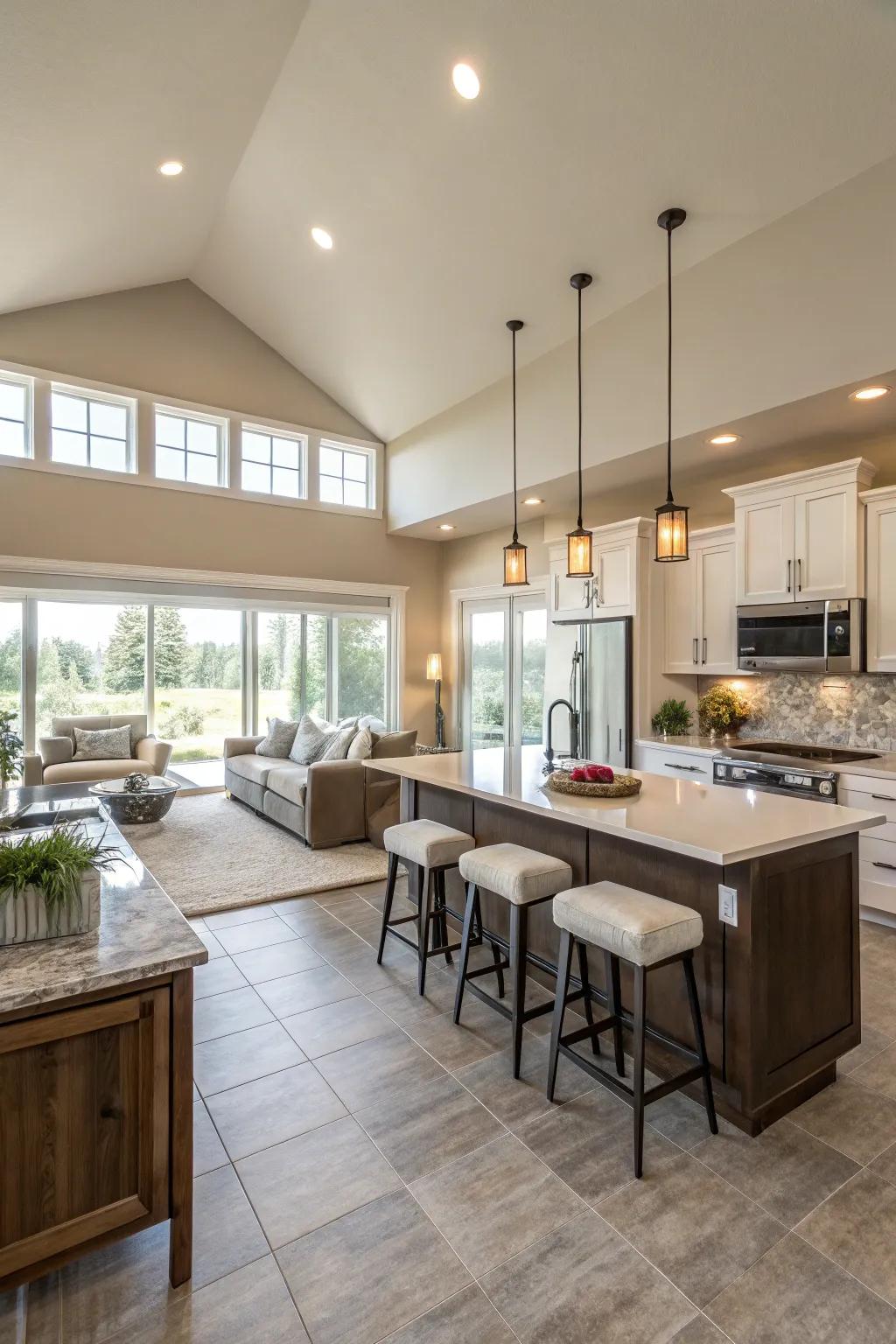 An open-concept kitchen seamlessly connects to the adjacent living space.