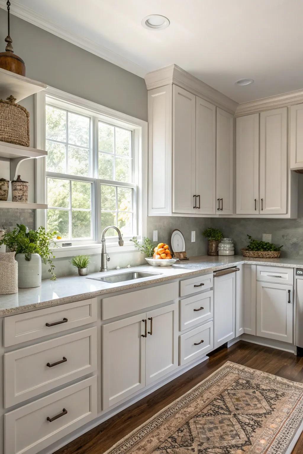 Soft gray walls offer a subtle contrast to white cabinetry.