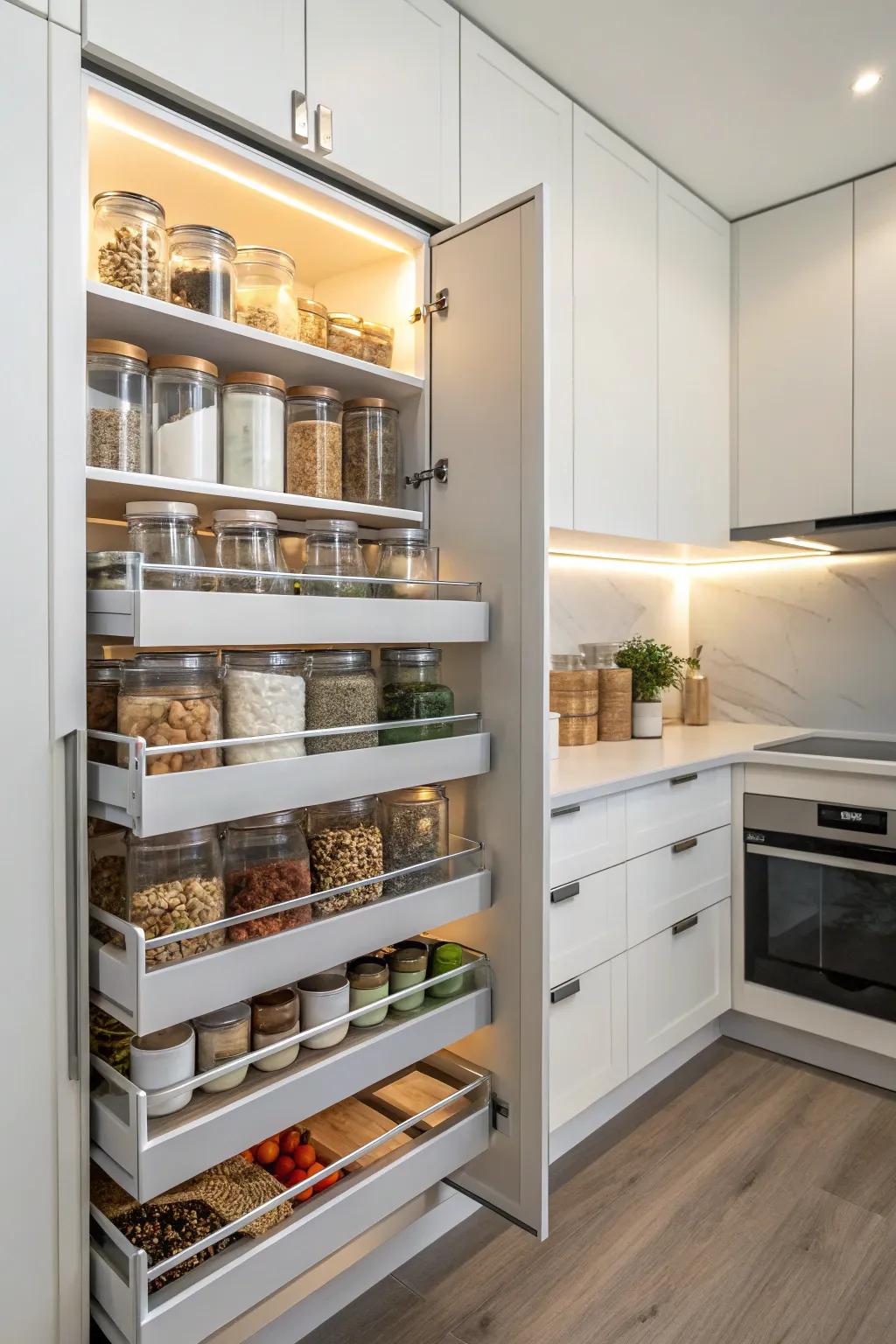 Pull-out shelving simplifies entry to storage goods.