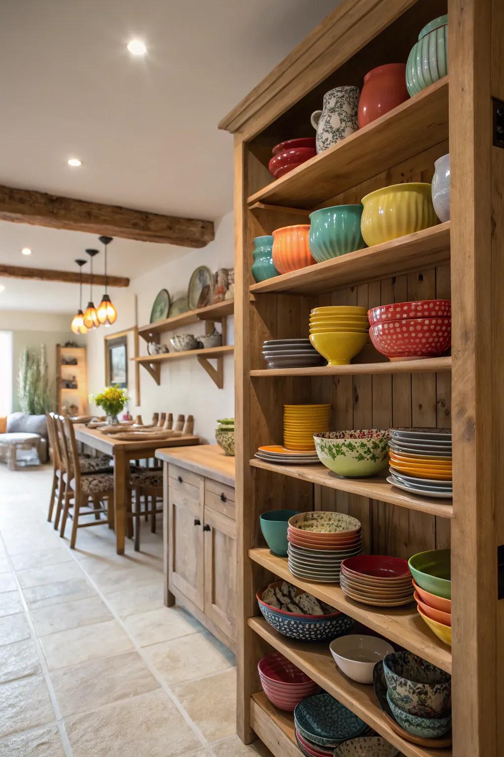 Exposed shelving provides both convenient access and a platform to display your prized kitchen possessions.