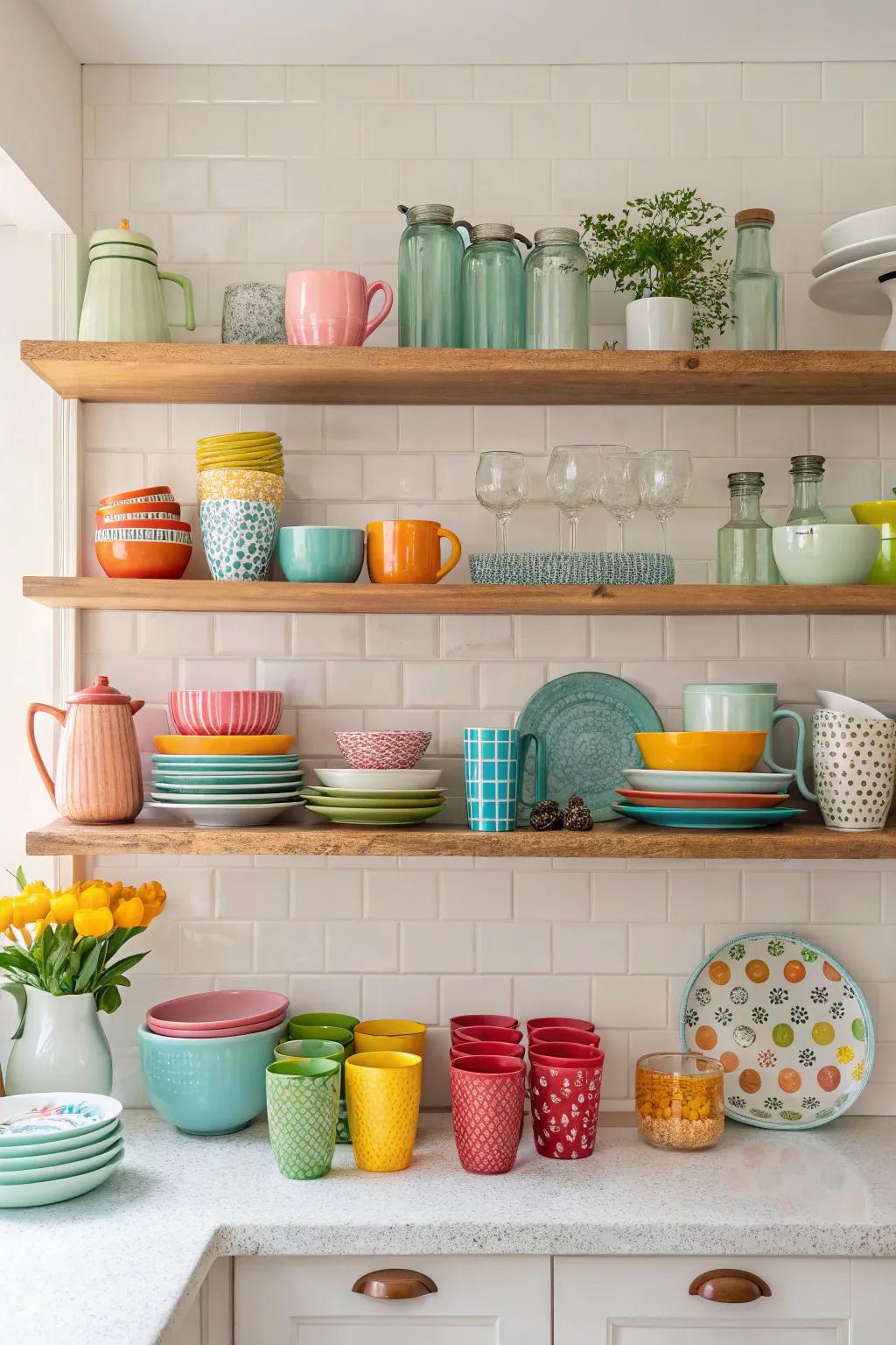 Open shelves provide a mix of style and practicality in the kitchen.