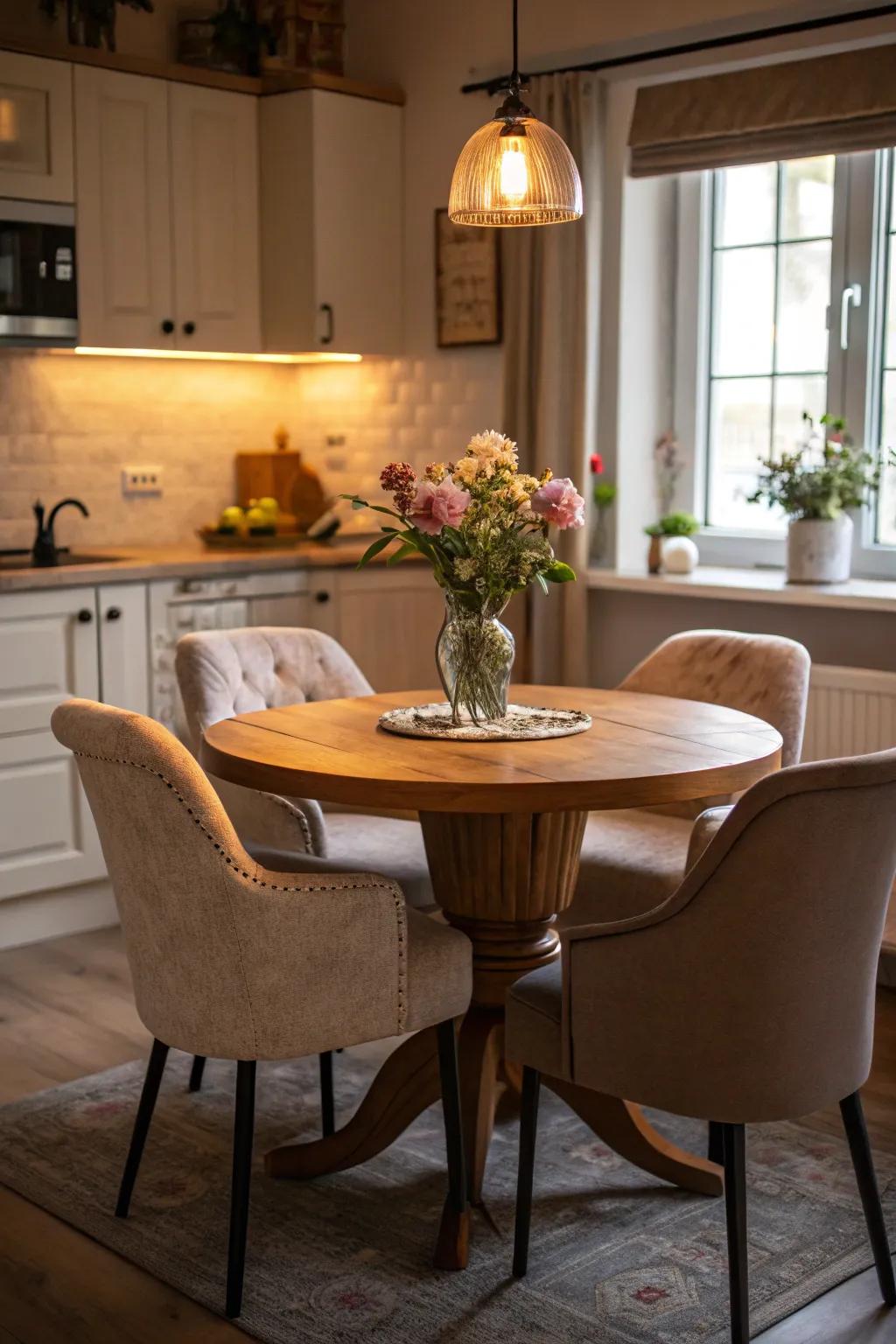 A circular table creates a comfortable area perfect for chats.