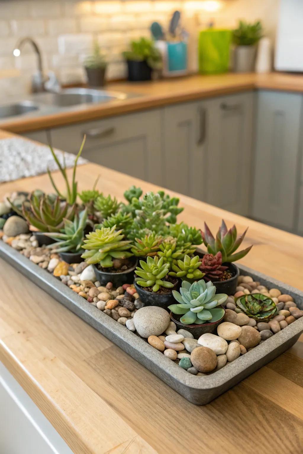 Adding a touch of greenery with cacti brings life to the kitchen.