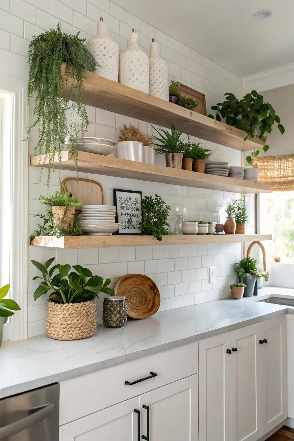 Elegantly arranged floating shelves in a contemporary kitchen, displaying plants and decor.