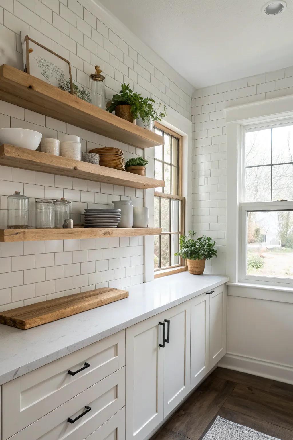 Minimalist kitchen featuring floating shelves for an open and airy atmosphere.