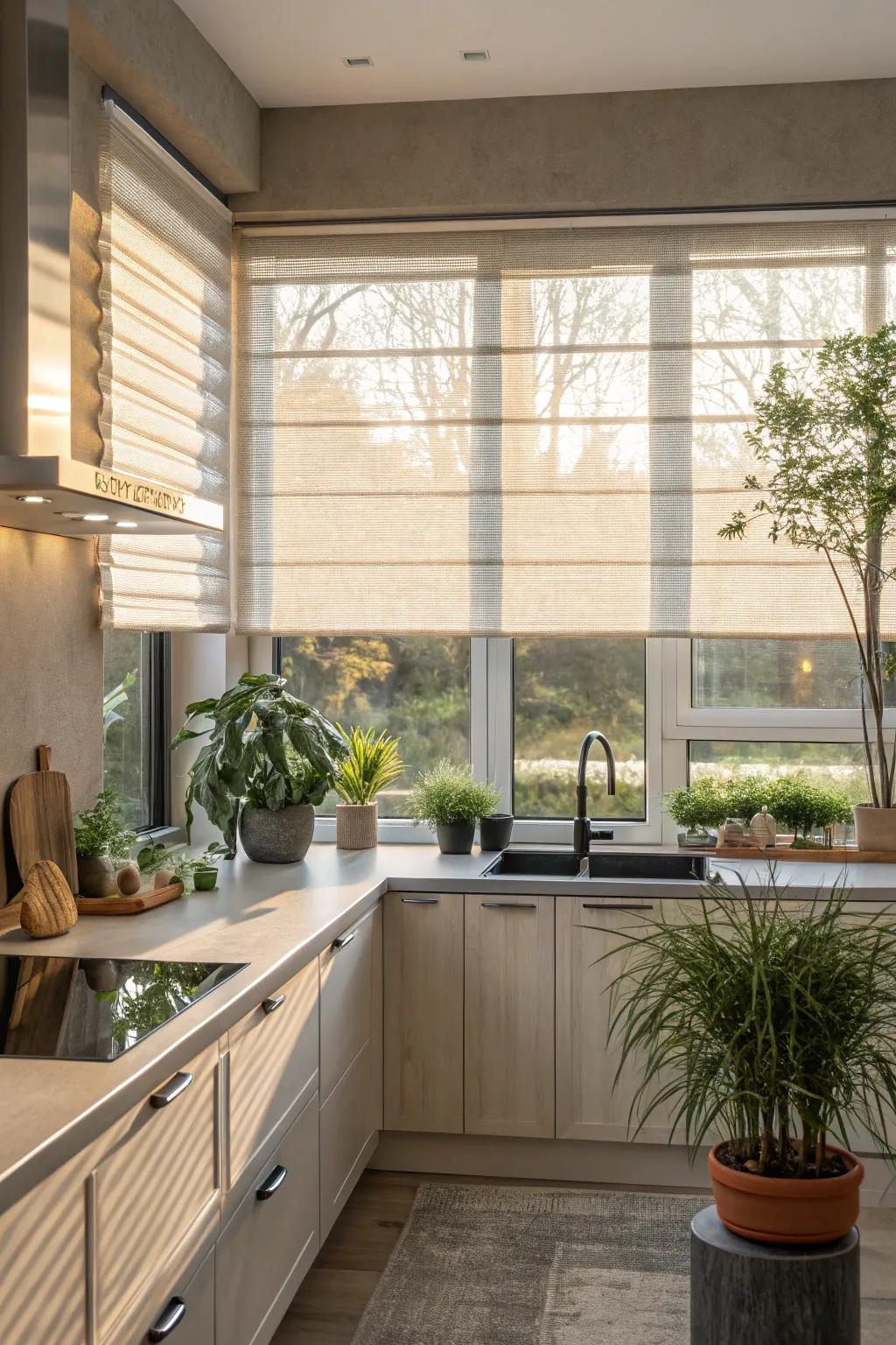 Delicate window coverings provide both light and privacy, creating a peaceful kitchen setting.