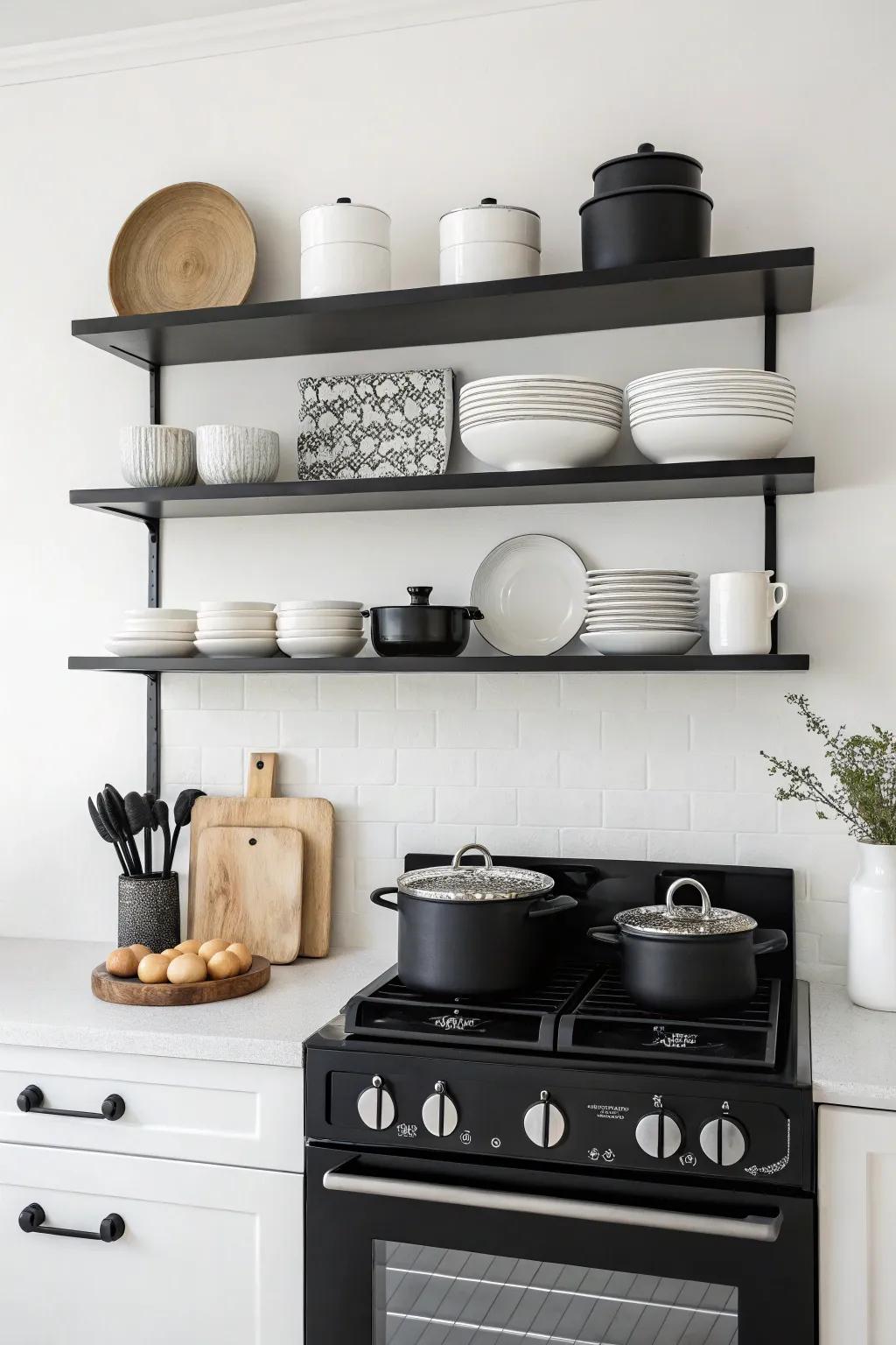 Unified tone shelves merge seamlessly, fostering a harmonious kitchen atmosphere.
