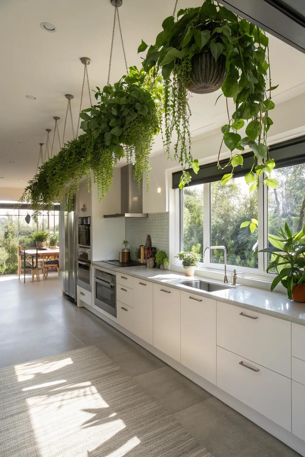 Establish a vertical garden paradise in your kitchen using suspended plants.
