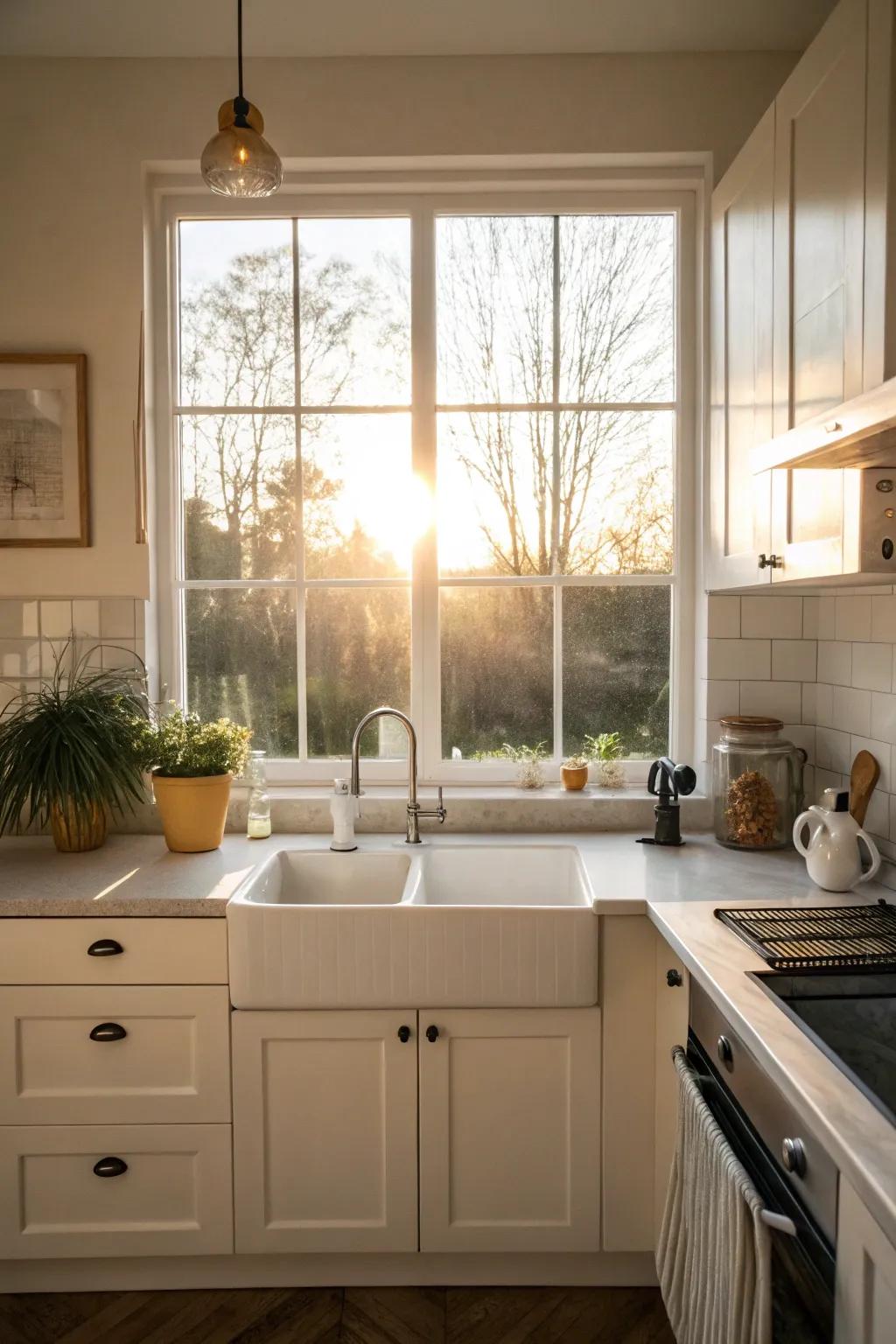 Sunlight enhances the kitchen's atmosphere.