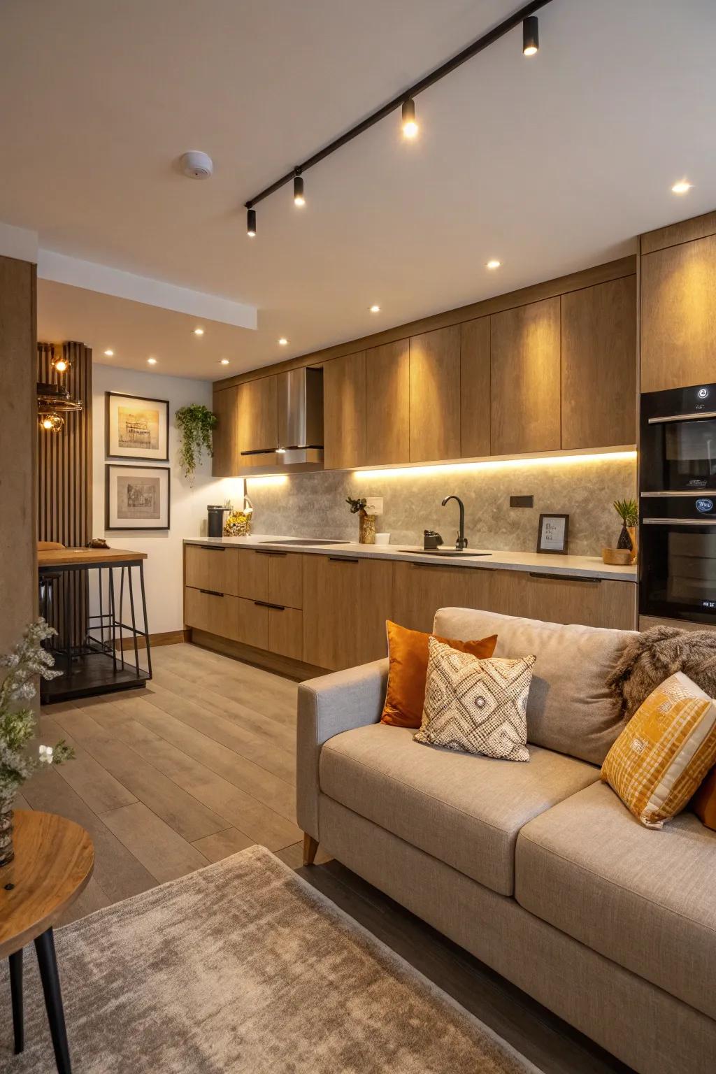 Open-plan kitchen featuring a comfortable sofa area, designed for fluid movement and social interaction.
