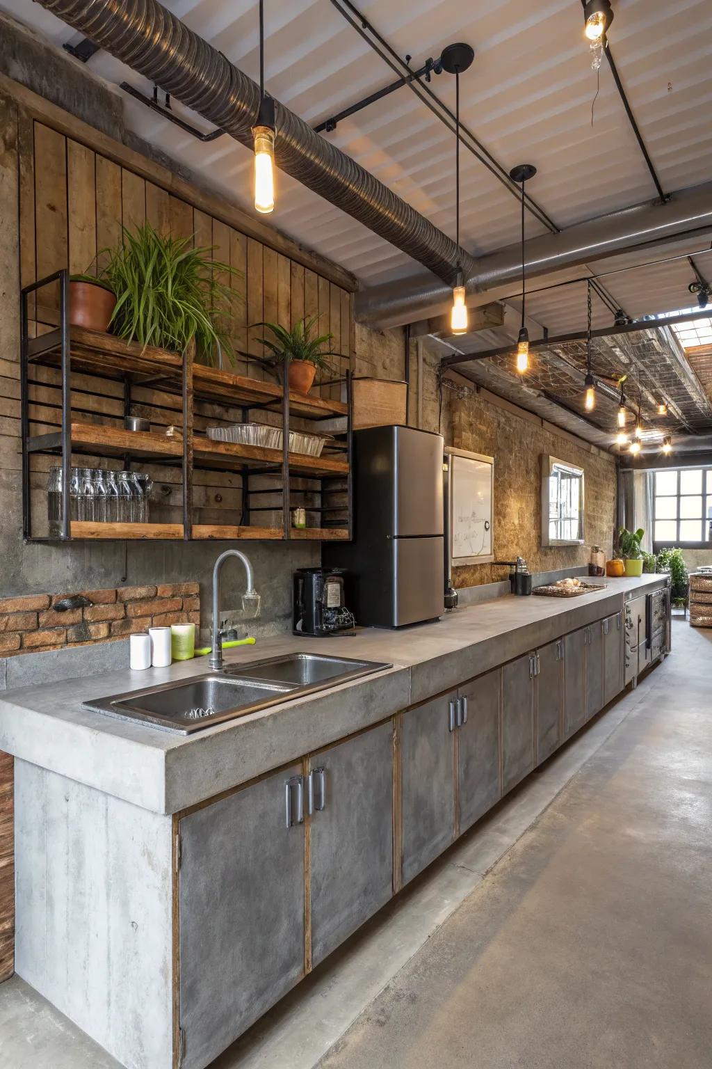 An industrial-inspired kitchen featuring concrete worktops with metal and wood features.