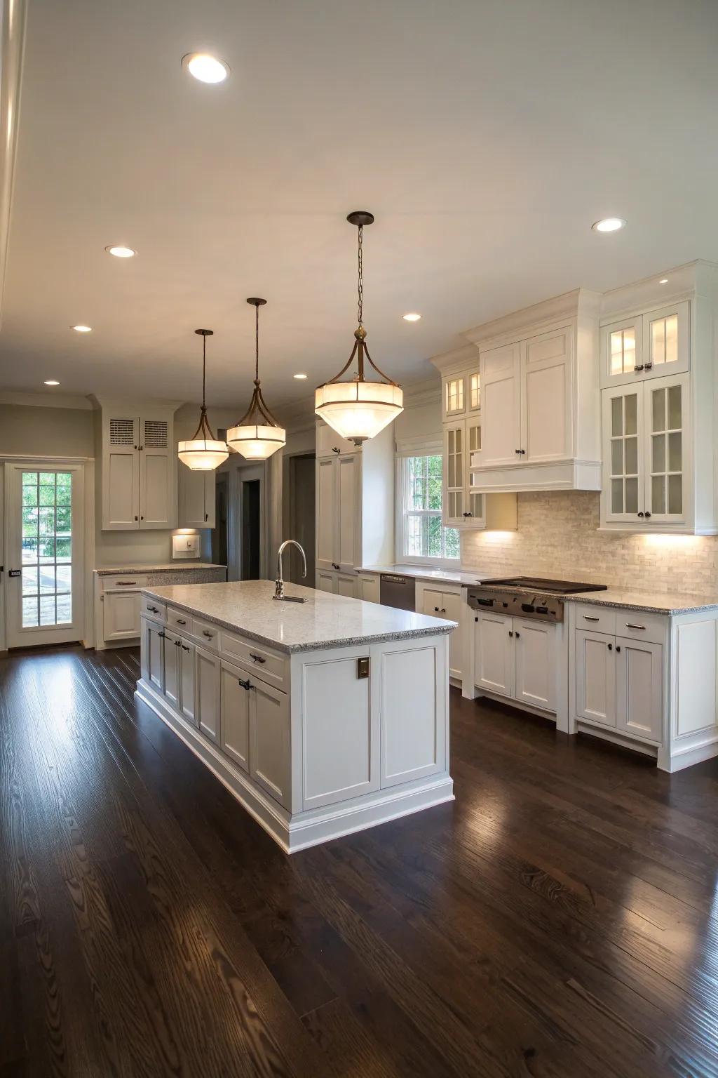 A kitchen featuring deep wooden flooring alongside white cabinets, delivering a powerful visual contrast.