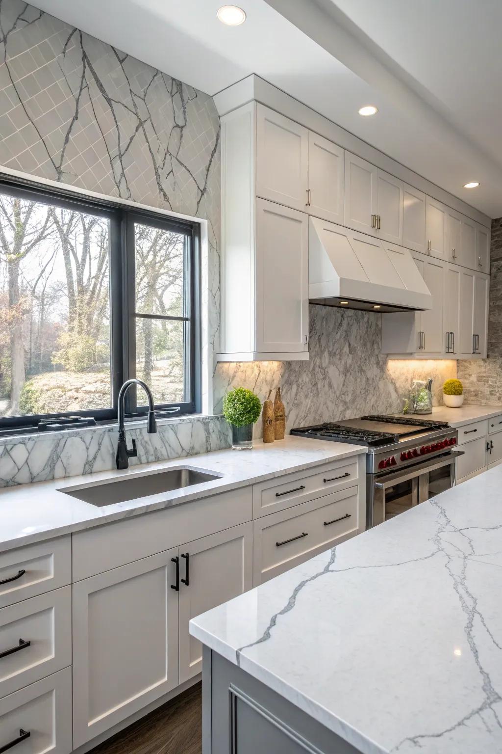 Classic white quartz worktops complemented by subtle gray marbling.
