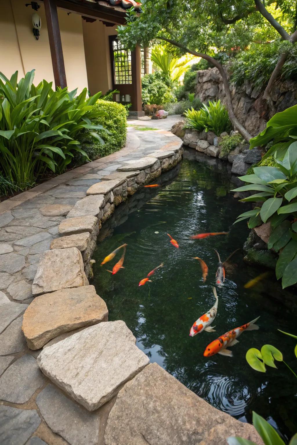 Natural stones lend a rustic charm to this koi pond.