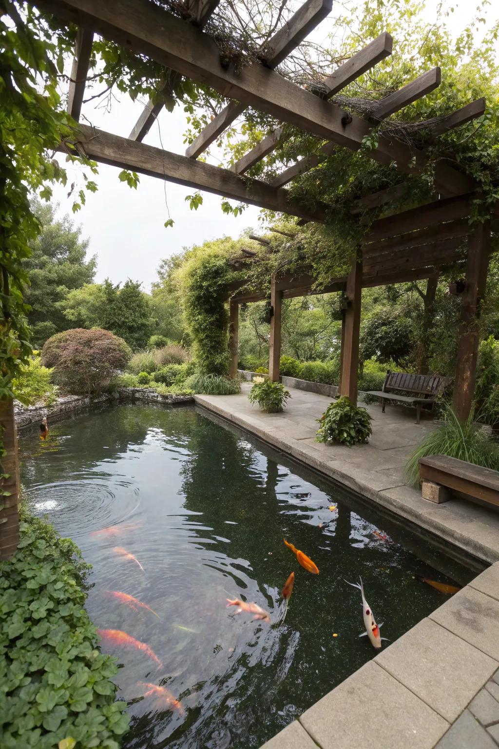 A koi pond enjoys the dappled shade beneath climbing greenery on a wooden pergola.