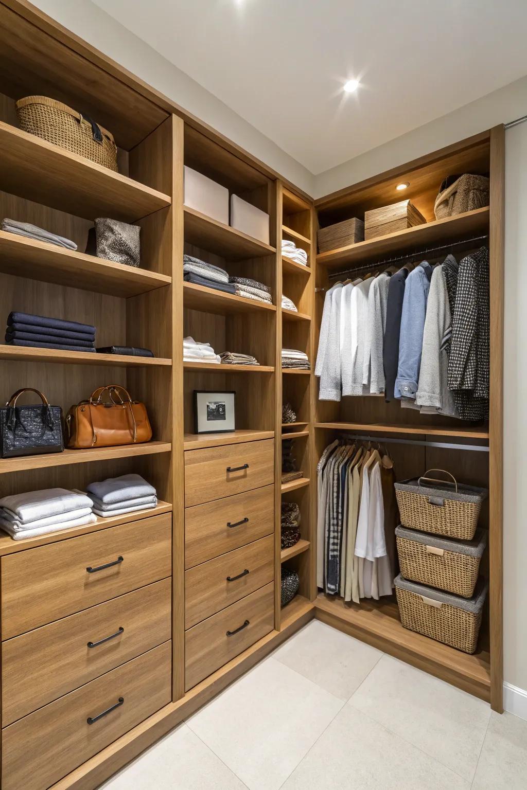 Custom shelving optimizes every corner within your L-shaped closet.